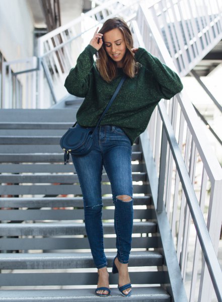 Gray chunky sweater with blue ripped jeans and open heels