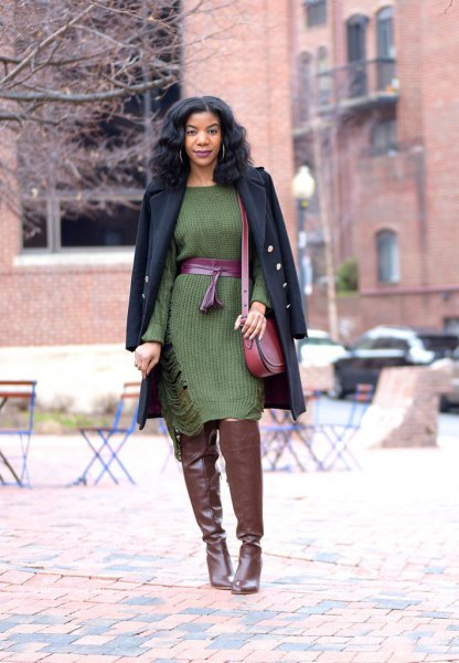 Green belted midi sweater dress and black long wool coat