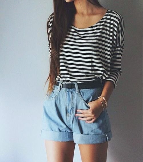 Black and white striped scoop neck t-shirt and light blue unwashed high waisted shorts