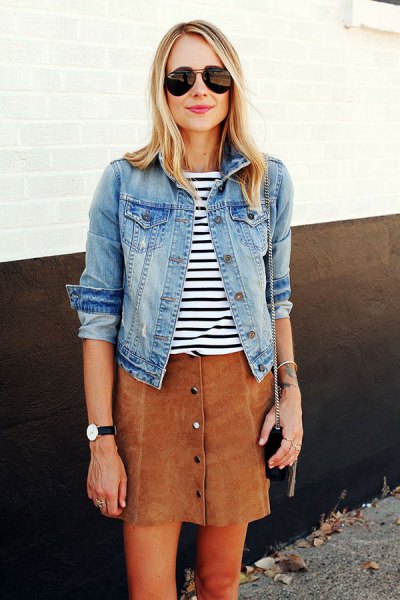 blue denim jacket with black and white striped t-shirt and brown skirt