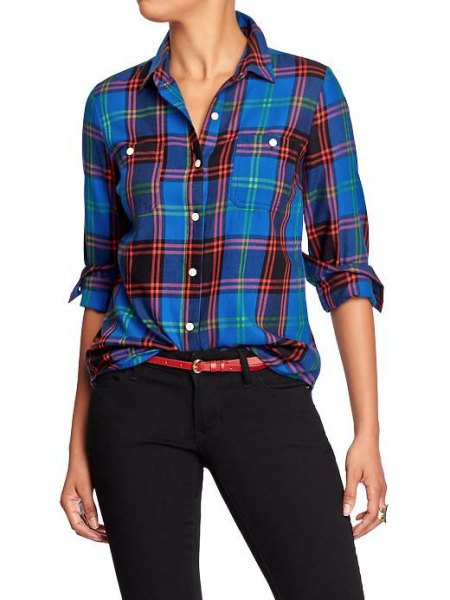 Blue flannel shirt with black skinny chinos
