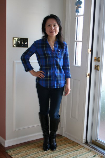 blue checked flared shirt with dark skinny jeans and knee high boots