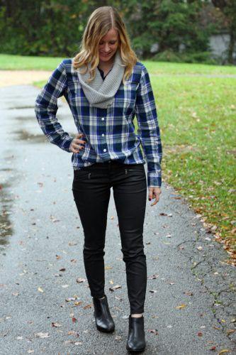 Navy blue plaid flannel shirt with gray infinity scarf