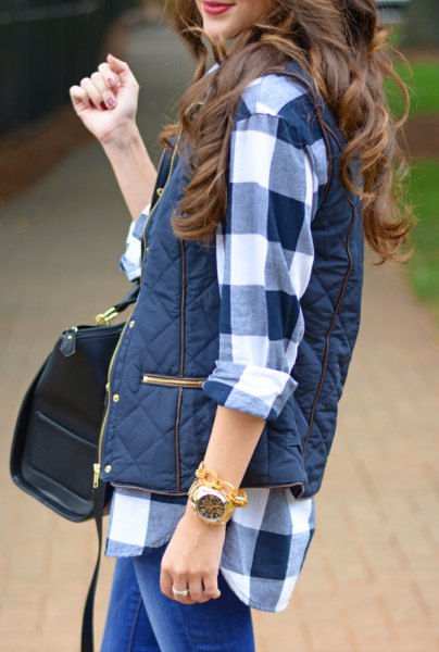 Navy blue and white flannel shirt with dark blue quilted waistcoat