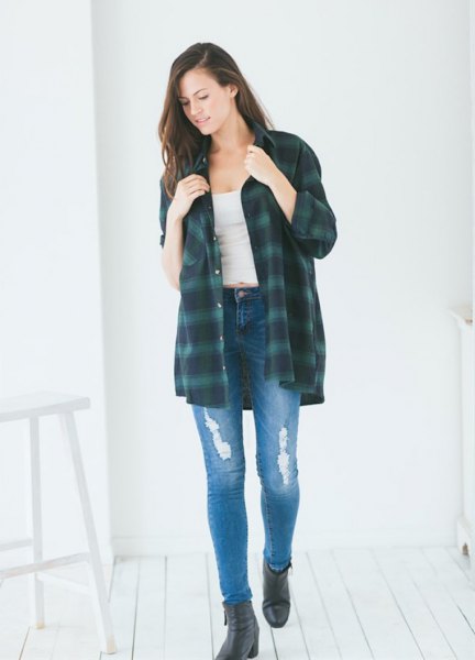 oversized dark blue flannel shirt with black leather ankle boots