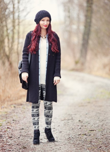 Black wool coat with tribal print leggings and knitted hat