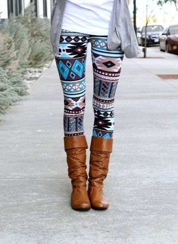 Tribal print leggings, brown knee high boots and gray cardigan