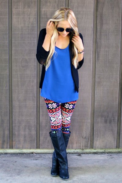 Royal blue tank top with Christmas patterned leggings