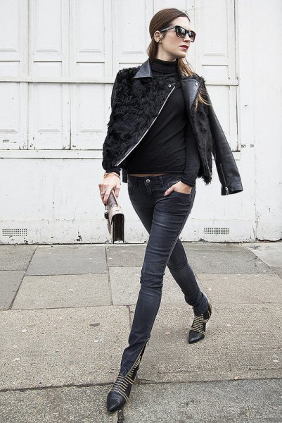 Black leather motorcycle jacket with coated skinny jeans