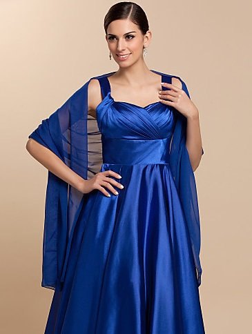 Royal blue fit-and-flare silk midi dress with semi-sheer shawl