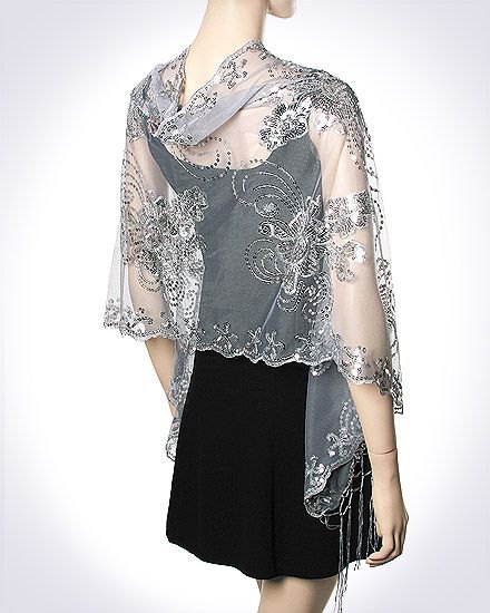 Gray chiffon semi-transparent embroidered scarf with black sheath mini dress