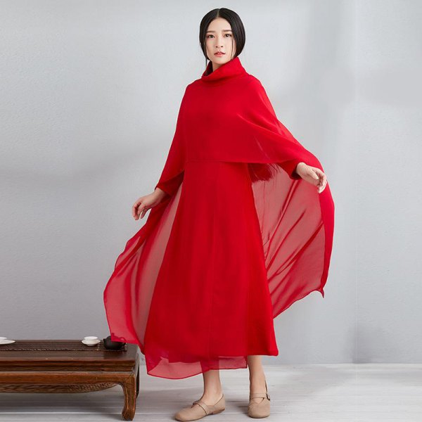Red chiffon scarf with matching maxi dress and ballet flats