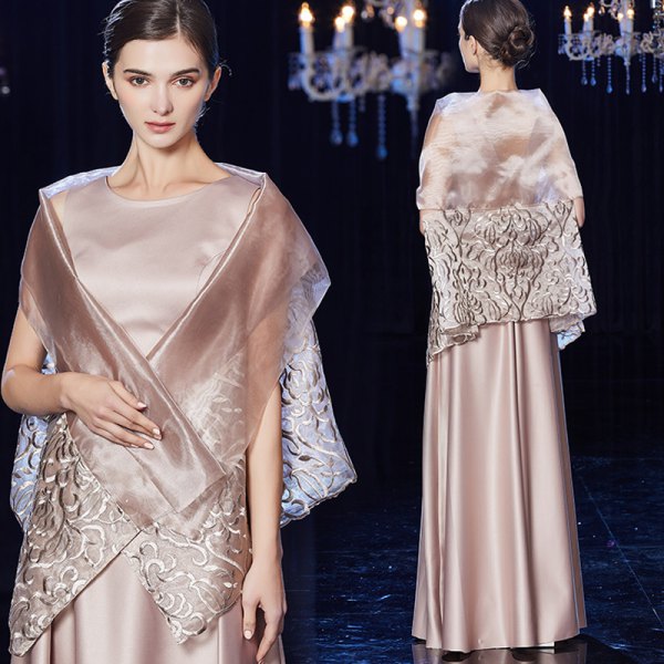 pale pink floor-length silk dress with evening shawl