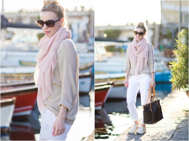 pale pink sweater with matching scarf and white pants