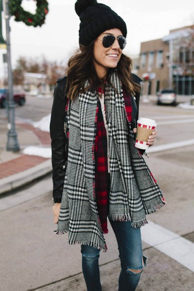 Black and white checked scarf with casual jacket and knitted hat