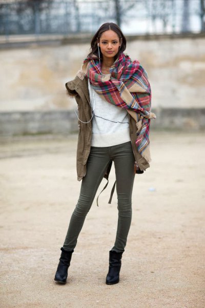 Red and blush plaid scarf with camel military jacket
