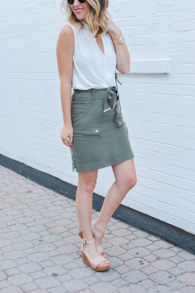 White tank top with gray high waisted cargo mini skirt
