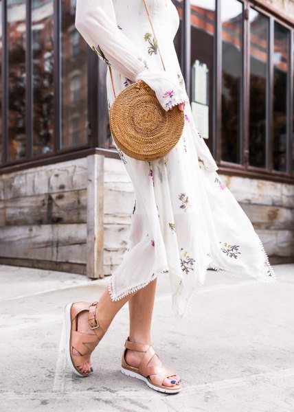 White Long Sleeve Midi Chiffon Fit and Flare Dress with Nude Hiking Sandals