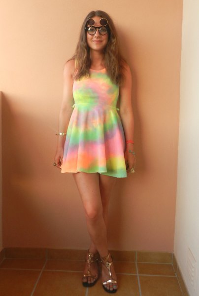 Pale yellow and sky blue tie-dye mini dress with gathered waist