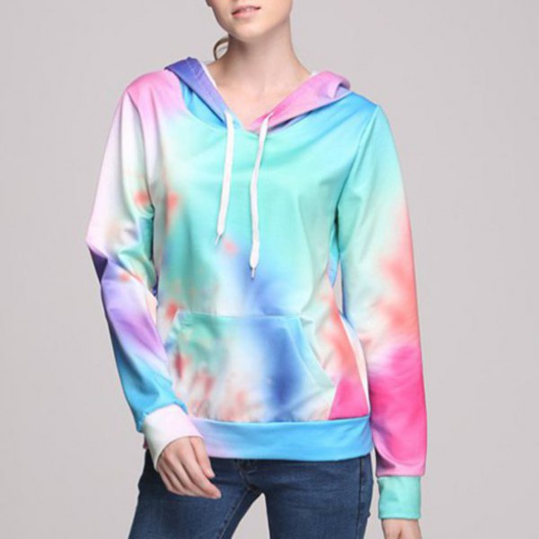 Blue and pink tie-dye hooded sweatshirt paired with dark blue skinny jeans