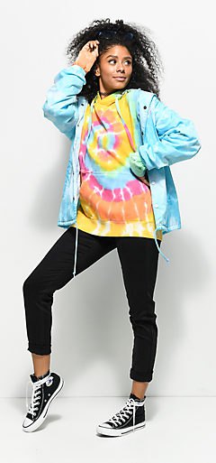 Colorful batik sweatshirt with a light blue windbreaker