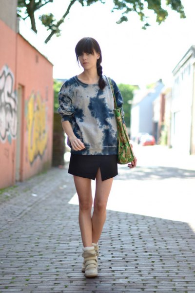 Black and white tie-dye hoodie with mini skirt