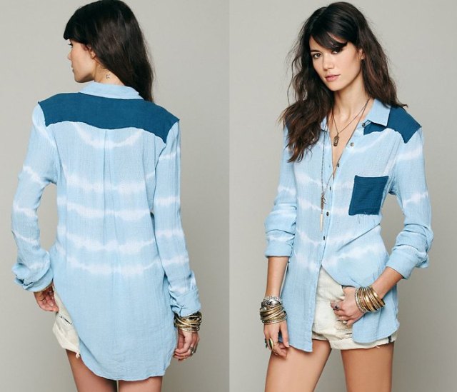 Light blue and white striped tie-dye chambray long sleeve shirt and pink shorts
