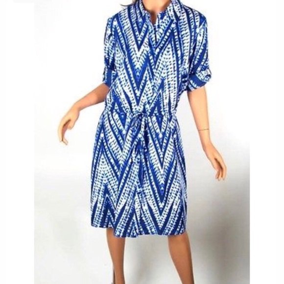 Blue and white shirt dress with tie-dye and tribal pattern
