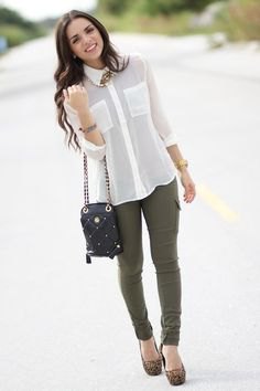 white chiffon blouse and army green skinny pants and leopard print
heels
