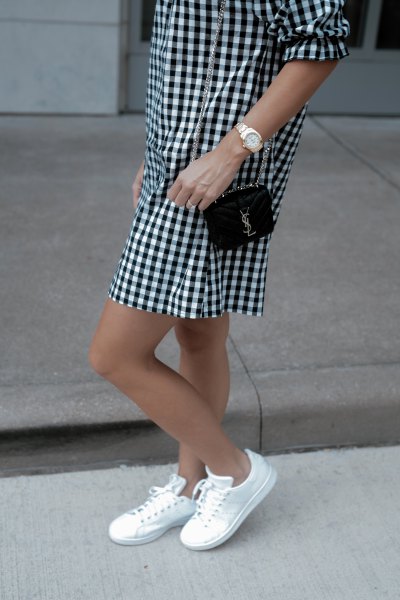 Black and white checked mini shift dress with low top sneakers