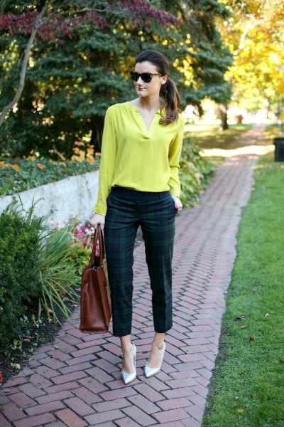 Lemon yellow cotton long sleeve blouse with green and dark blue plaid trousers