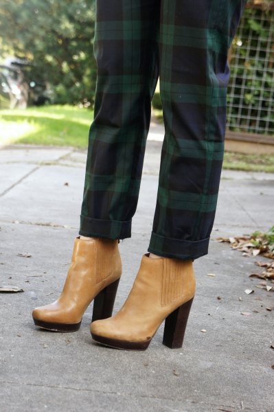Green checked pants with tan leather heeled boots