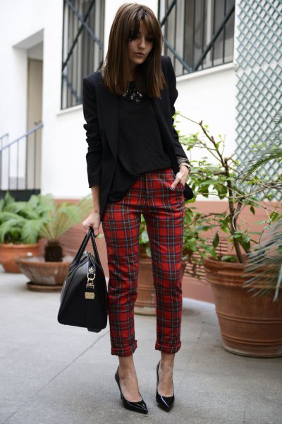 black blazer with red plaid skinny pants with cuffs