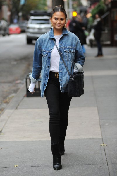 blue denim fall jacket with white t-shirt and black skinny jeans