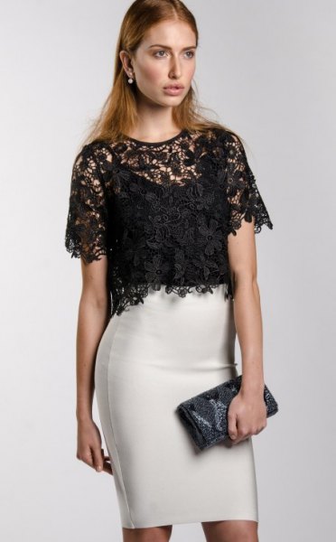 Black short sleeve elegant lace blouse with white high waisted mini skirt