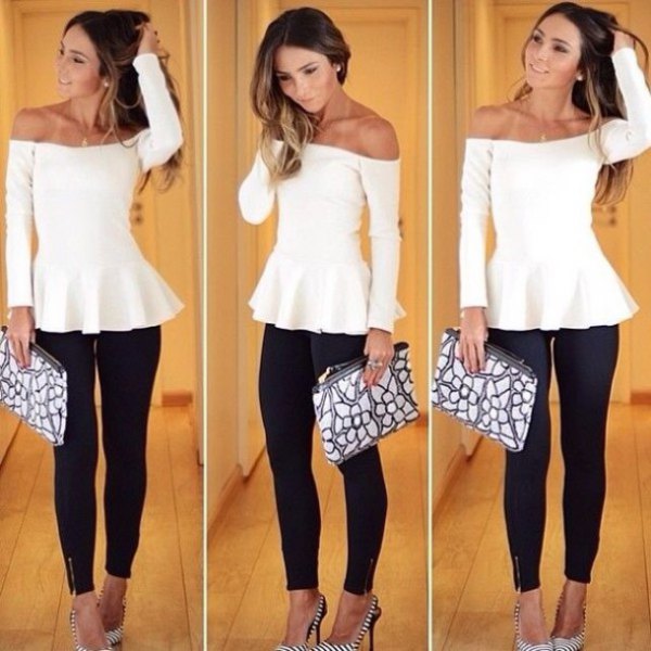 White, off-the-shoulder tunic blouse with black skinny jeans