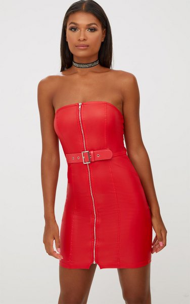 Red faux leather tube dress with front zipper and choker