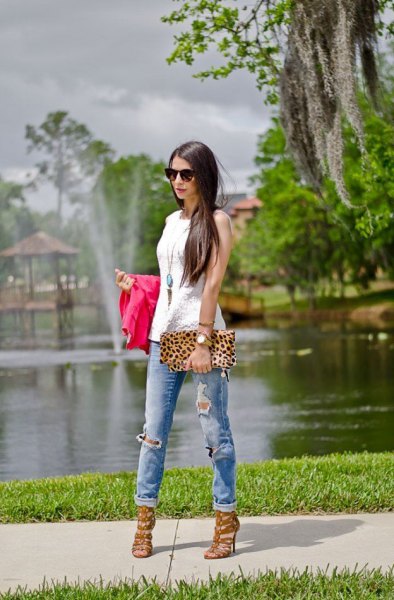 White leopard print clutch sleeveless top and pink strappy heeled sandals