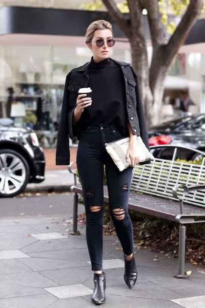 black denim jacket with leather chelsea boots