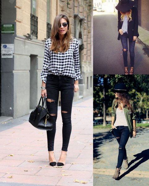 Checked button down shirt and distressed black skinny jeans