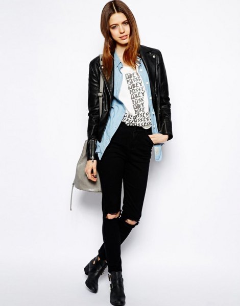 black leather jacket with light blue chambray shirt and ankle boots