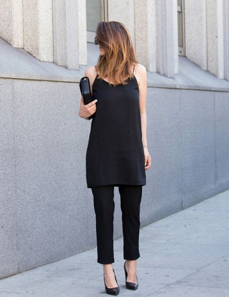 Tunic chiffon top with spaghetti straps, chinos and black leather clutch