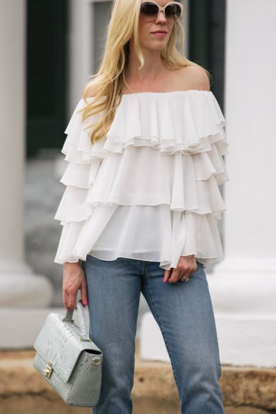 Off the Shoulder Layered Chiffon Blouse with Ruffles and Blue Jeans