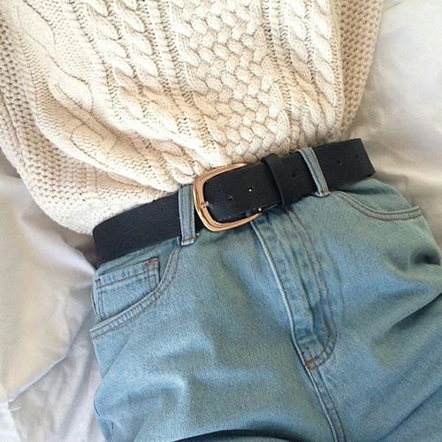 White cable knit sweater and belted mom denim shorts