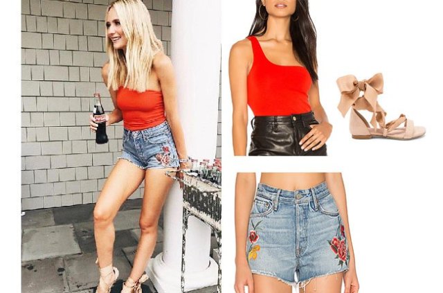 Red one shoulder tank top with blue cute jean shorts