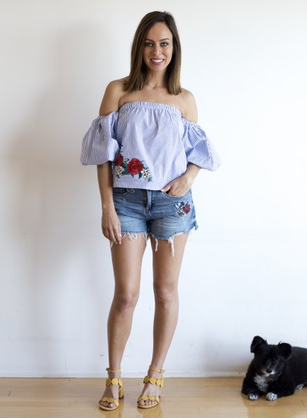 Light blue and white striped off the shoulder blouse with floral embroidery and matching shorts