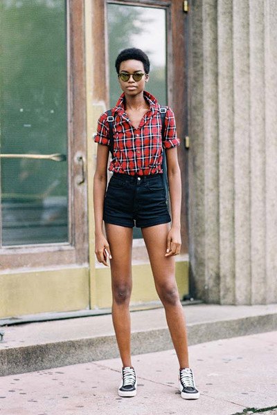 Red and blue checked button down shirt and black high waisted mini shorts