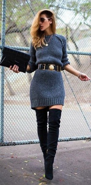 Gray Belted Sweater Dress and Black Suede Over The Knee Boots