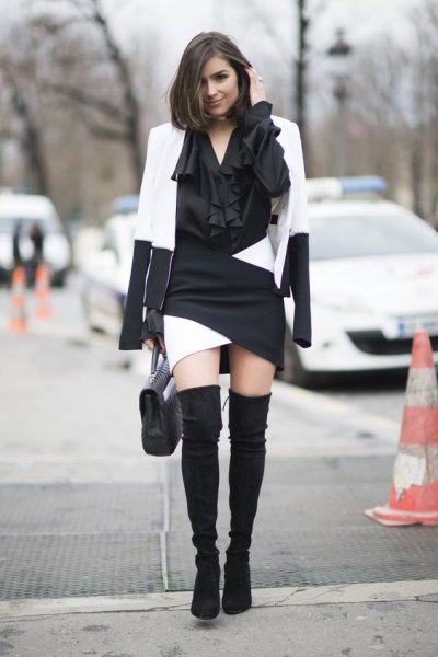 White and black colorblock blazer with matching mini dress