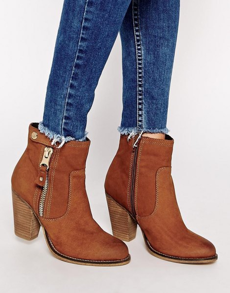 Blue slim fit jeans with camel suede side zip ankle boots